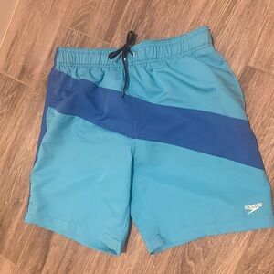 Speedo Light Blue Swim Shorts with Navy Diagonal Stripe Size Med